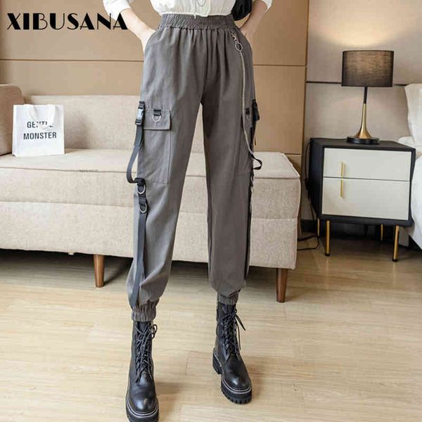 

women elastic high waist cargo pants loose spring autumn fashion female harem pant bf streetwear harajuku straight trousers 210423, Black;white