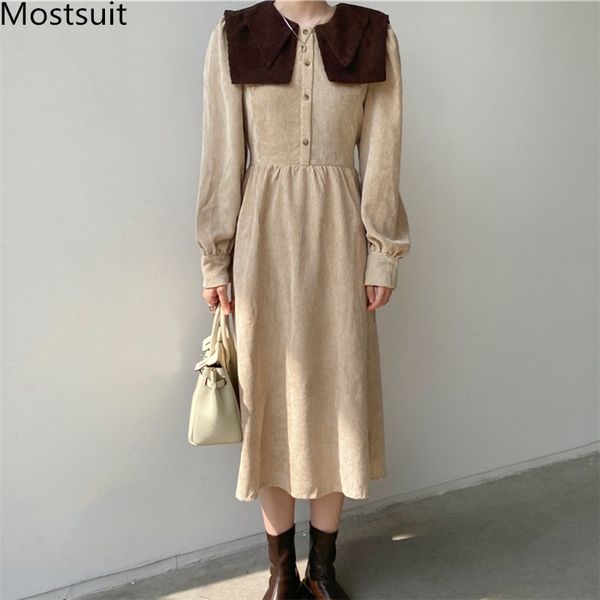 

corduroy vintage korean women long dress spring big collar full sleeve single-breasted elegant female vestidos femme 210518, Black;gray