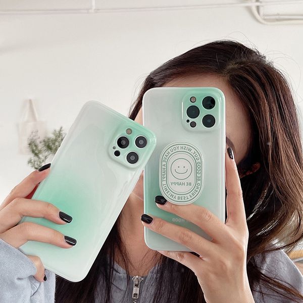 

gradient green smiley letter cell phone case soft tpu half-clad shell for iphone 12 11 8 pro max plus xr xs max