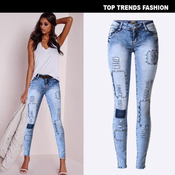 

popular slim pencil pants, elastic jeans, small leg pants with holes showing thin, multi hole cloth, size, Blue