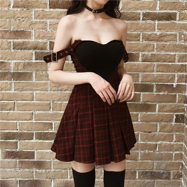 

plaid mini gothic vestidos womens dresses heart patchwork spaghetti strap punk sleeveless backless summer female, Black;gray