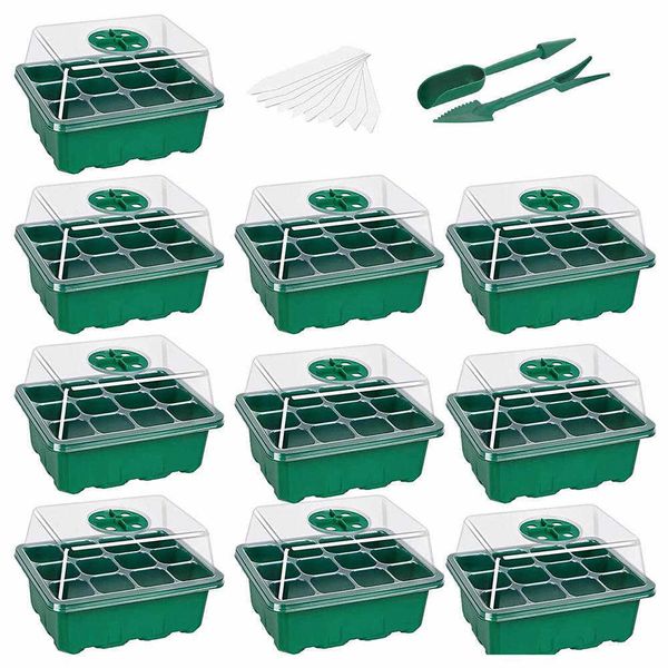 10 pcs 12 buraco starter starter bandejas de plantas de plantas de flor crescer caixa de berçário de estufa jardinagem mini propagação 210615