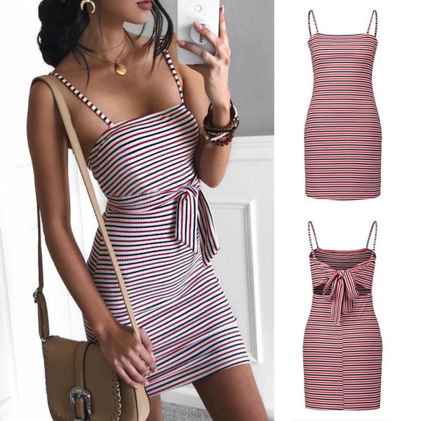 

colorful stripes tie-up slim dress casual dresses, Black;gray