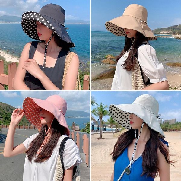 

wide brim hats summer women solid color casual hat large eaves cap outdoor beach sunscreen retro polka dot sun folding, Blue;gray