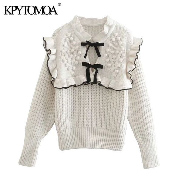 

women fashion with bow tie patchwork knitted sweater long sleeve ruffle trims female pullovers chic 210420, White;black