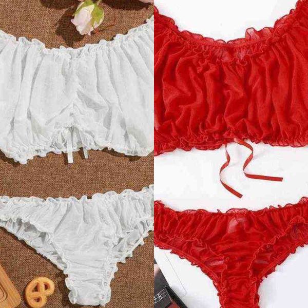 

nxy set 2022 women ruched ruffles mesh sheer 2pcs exotic  femme see through lingeries clothes for valentine' day 1223, Red;black