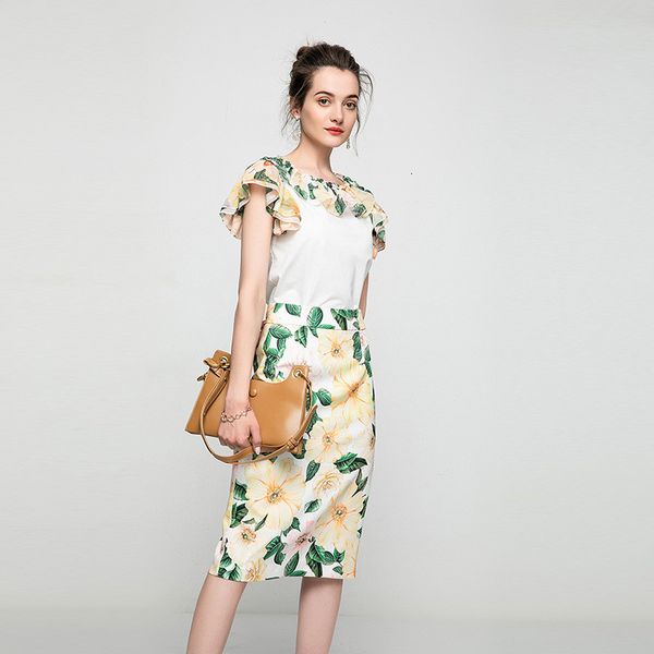 

female summer two frilly floral print shirt and skirt suit sets, Black