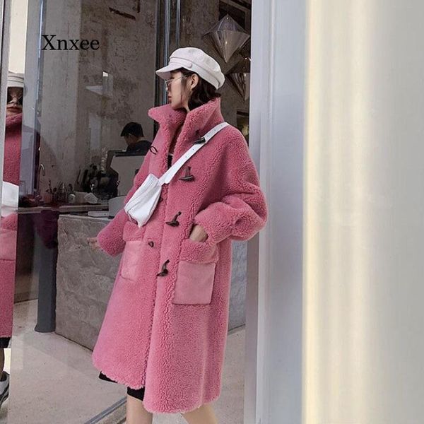 

women's wool & blends 2021 coat fur women's mid-length stand-collar lamb horn button jacket fashion straight overcoat japanese long, Black