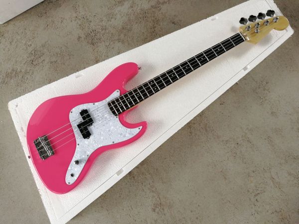 

factory custom 4-strings pink electric bass guitar with white pearl pickguard,chrome hardware,rosewood fretboard,provide customized services