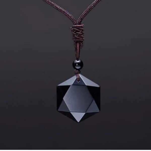 

energy pendant stone obsidian six pointed star necklace men's and women's sweater chain jewelry, Silver