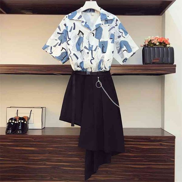

retro printted 2 pcs summer set casual short sleeve chiffon women's shirt with mid asymmetry pleated skirt suits female 210602, White