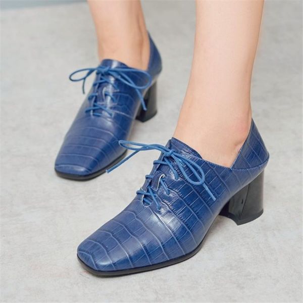 

dress shoes pxelena plus size 34-42 women genuine leather chunky block high heels 2021 spring lace up oxfords retro office lady pumps, Black