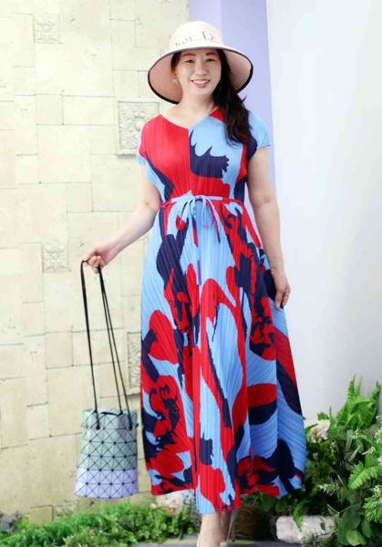 

dress miyake fold short sleeve v-neck print lace-up big a-line, Black;gray