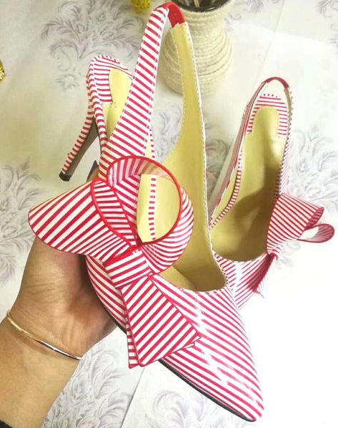 

summer red striped patent leather pumps women side stripe bowtie kitten heels back strap ladies slip on high shoes sandals, Black