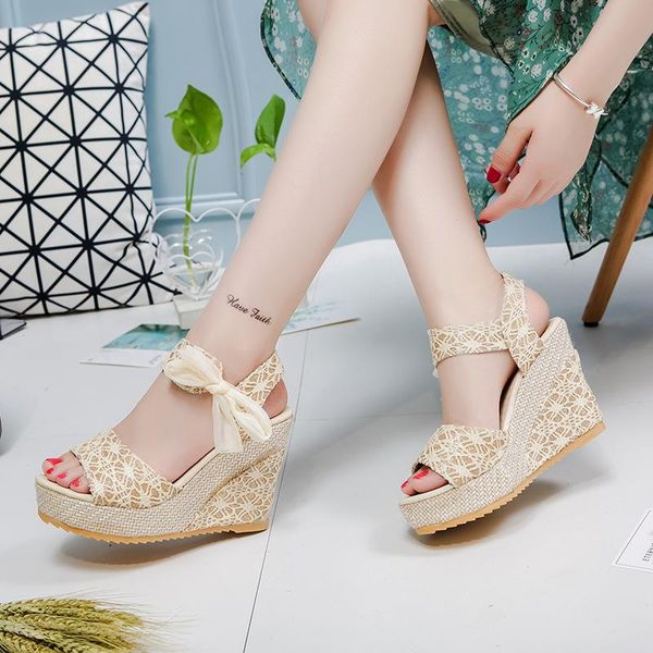 

sandals ins lace leisure women wedges heeled shoes 2021 summer party platform high heels woman, Black