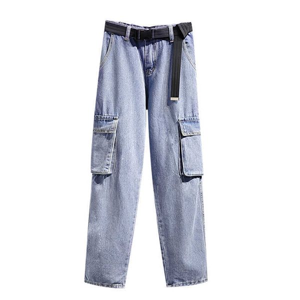 

spring large size jeans female bf loose casual straight ribbon cargo pants big pocket belt buckle pencil women 210531, Blue