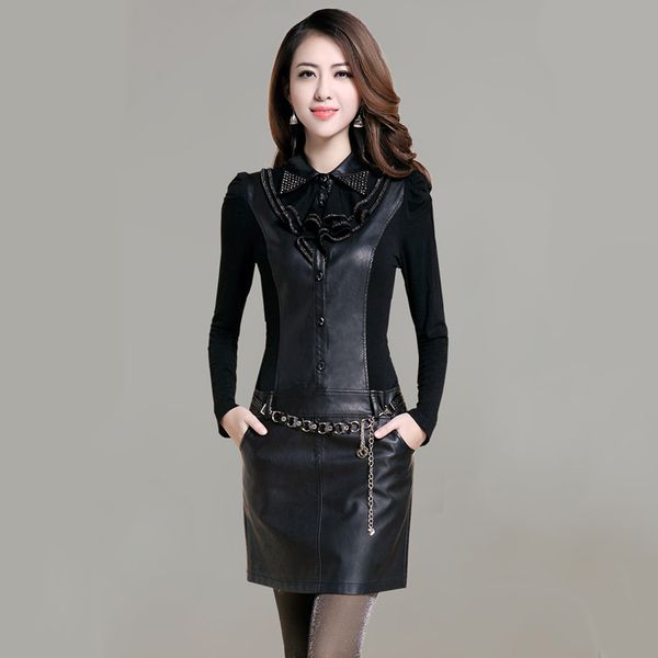 

dress black plutonium leather women's turn-down fashion collar mini long sleeve es only casual breasted bodycon plus size, Black;gray