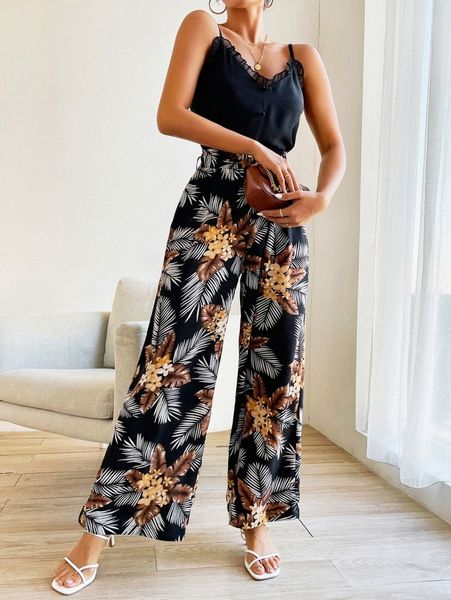 

tropical print belted wide leg pants 53dj#, Black;white