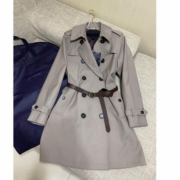 

women's wool & blends leather early spring runway design gray trench coat women lapel double breasted slim belt long overcoat elegant l, Black