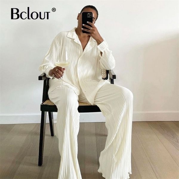 

bclout beige elegant pleated pants women's suit turn down collar long sleeve blouse high waist set woman 2 piece chic 220315, White