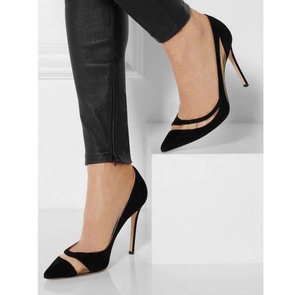 

womens handmade stiletto high heeled pumps faux kid-suede leather pointed-toe slip-on evening party prom fashion black court shoes h0764