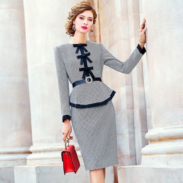 

casual dresses work pencil plaid women clothing winter autumn elegant dignified party dress o-neck retro with belt plus 1s9p, Black;gray