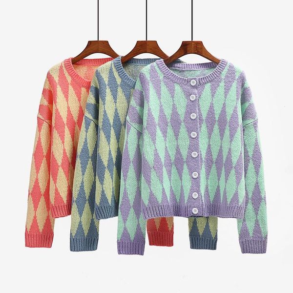 

women's knits & tees students argyle cardigan sweater women loose single breasted v-neck lovely knitwear korean winter oversize knitted, White