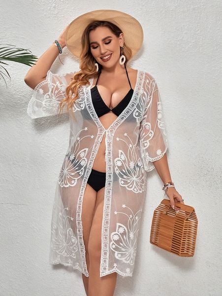 

plus embroidery mesh open front kimono r5zz#, Black