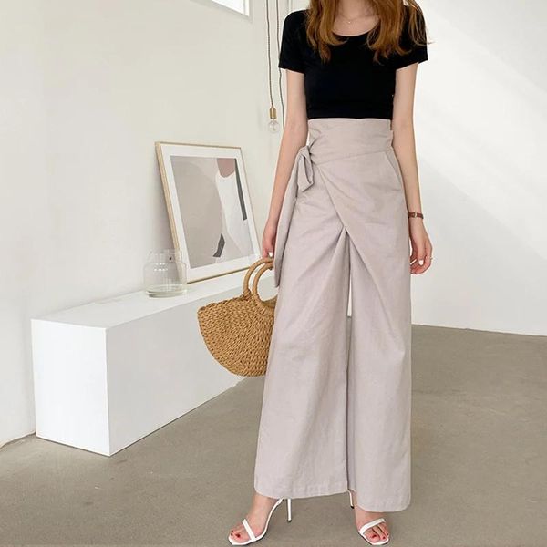 

linen drawstring korean style loose wide leg straight pants simple solid irregular side lace-up casual trousers female women's & capris, Black;white