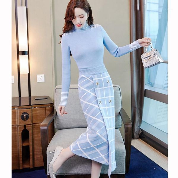 

two piece dress brand designer women sweater skirt 2pcs set 2021 autumn winter high neck knit plaid suit lady twinset, White