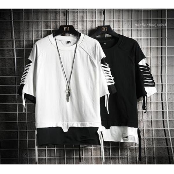 

men's t-shirts fashion hole teenager male tees panelled short sleeve mens designer tshirts o neck solid color, White;black