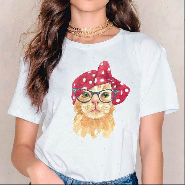 

90s cute cartoon cat women t shirts polka dot clothing graphic print tee shirt, White