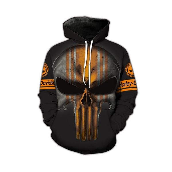 

new 3d printed skull harley david casual men's hooded pocket sweater coat, Black