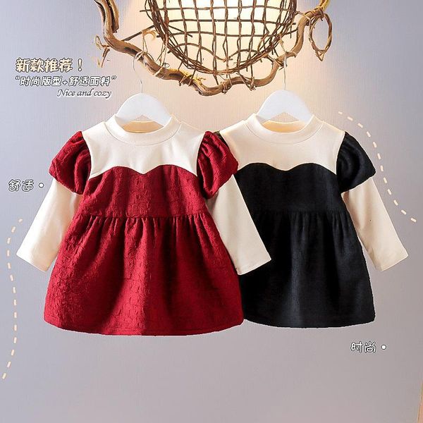 

girl's dresses toddler kids baby girls autumn full sleeve patchwork o-nekc knee-length dress children casual clothes 12m-4y, Red;yellow