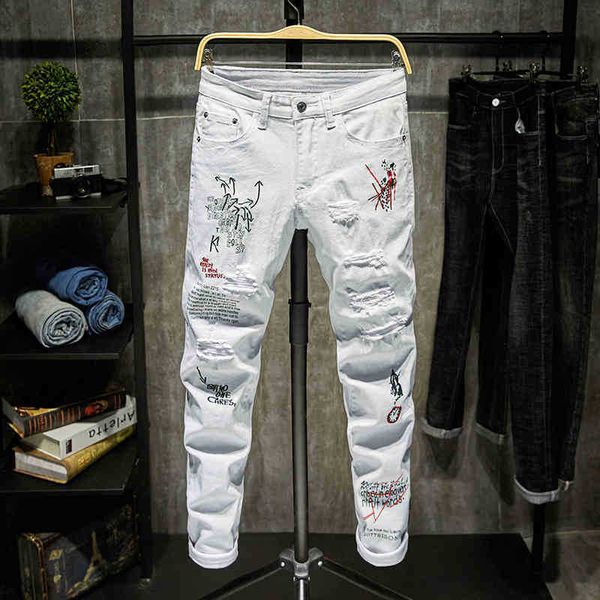 

men's jeans jeans fashion trendy embroidery letters men college boys skinny runway denim destroyed ripped black white nfc9, Blue