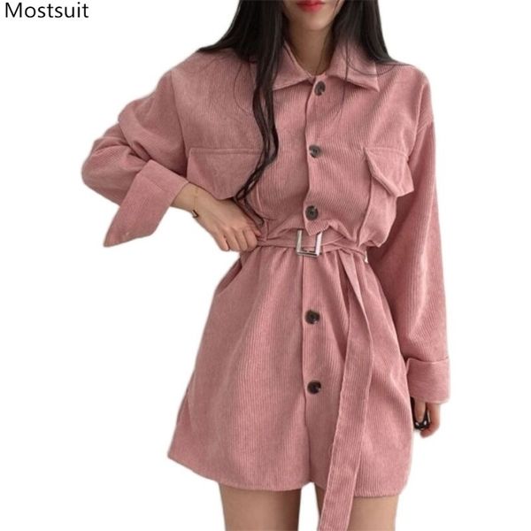 Sonbahar Kadın Kadife Gömlek Elbise Gevşek Kore Kimono Uzun Kollu Açmak Yaka Düğmeleri Yukarı Cepler Sashes Mini Elbiseler 210513