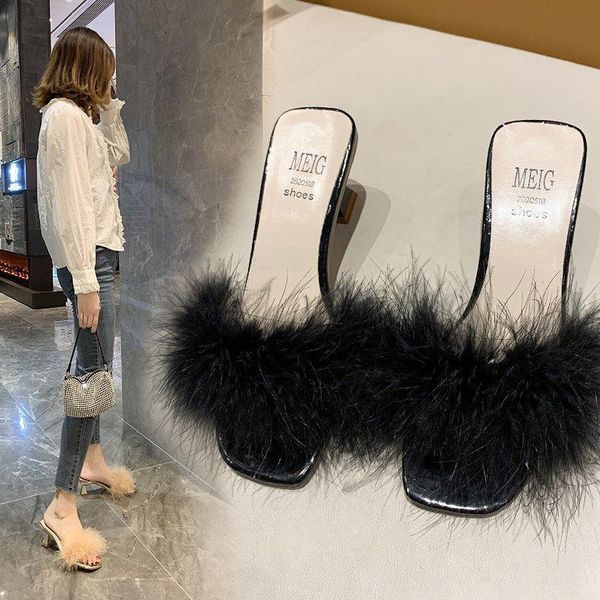 

slippers women furry fur sandals women's high heel cute summer slipper, Black