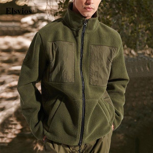 

men's jackets winter stand-collar fleece warm jacket mens autumn casual long sleeve zip-up coat fashion patchwork pocket outwear for m, Black;brown