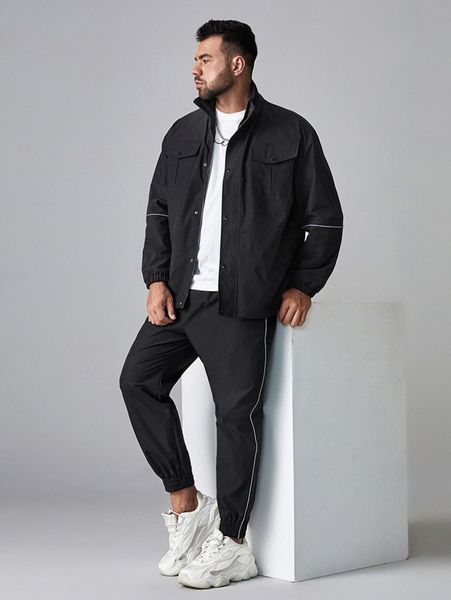 

extended sizes men button front jacket & contrast seam side pants y62h#, Gray