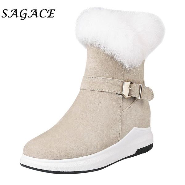 

boots sagace shoes ladies flock snow round toe square heel buckle plush ankle vintage 2021 winter women wedge, Black