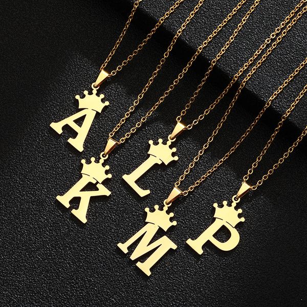 

26 english women's letters fashion crown necklace stainls steel chain letter pendant jewelry, White