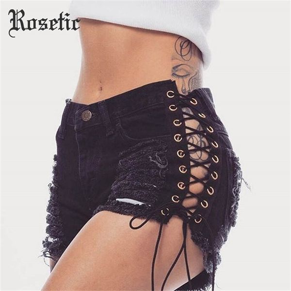 Rosetic Gothic Denim Shorts Bandage Black Hole Sexy Mode Sommer Slim Ripped Jeans Kurze Hosen Schnürung Goth Casual 210722