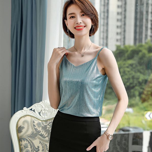 

korean silk women satin blouses woman sleeveless plus size v neck white ladies basic shirts 210427