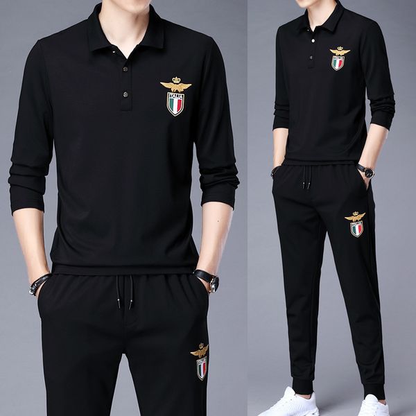 

autumn winter men's embroidery sports suit, sweater pants, middle-aged and young leisure wear two-piece set, Black