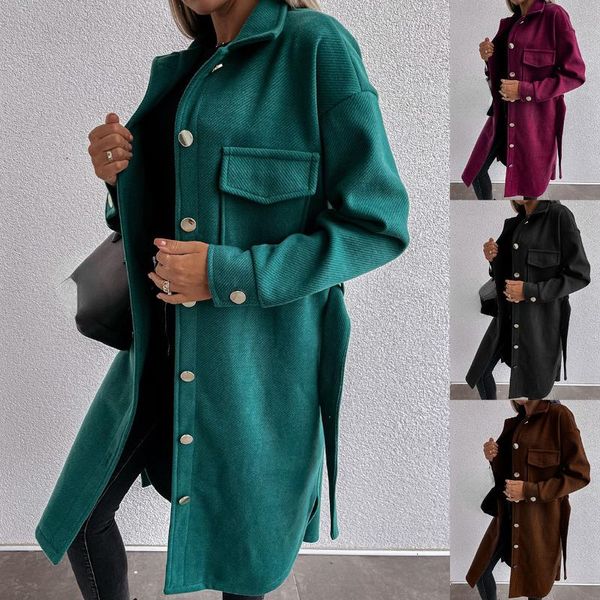 

women's wool & blends green coat women 2021 solid color lace up long sleeve tweed coats, Black