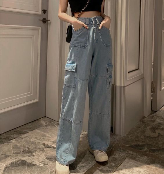 

vintage wide leg high waisted women jean blue casual long trousers korean streetwear pockets denim pants