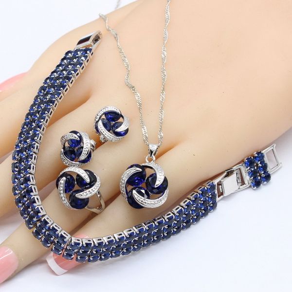 

jewelry sets silver color bridal for women round dark blue crystal bracelet stud earrings necklace pendant rings gift box, Black