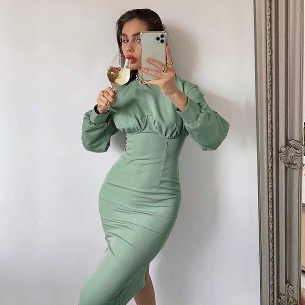 Turtleneck inverno mulheres vestido verde elegante outono midi vestido longo manga alta cintura sólida senhoras casuais vestidos túnica vintage 210709