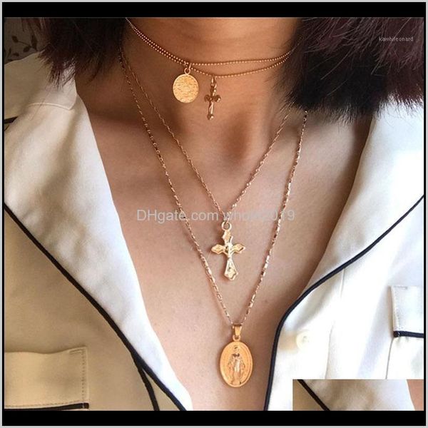 Halsketten Anhänger Drop Lieferung 2021 Charms Münzen Statement Choker Trendy Mehrschichtige Kette Gold Sier Jesus Großes Kreuz Anhänger Halskette W