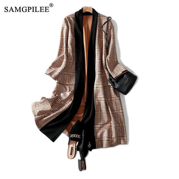 

long trench coat 2021 casual women outerwear broadcloth nine quarter sleeve v-neck open stitch slim plaid women's coats, Tan;black